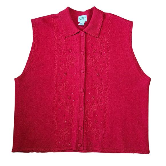 Koret Wool Red Sweater Vest XL Peter Pan Collar Embroidered Button Front Vintage - Picture 1 of 6